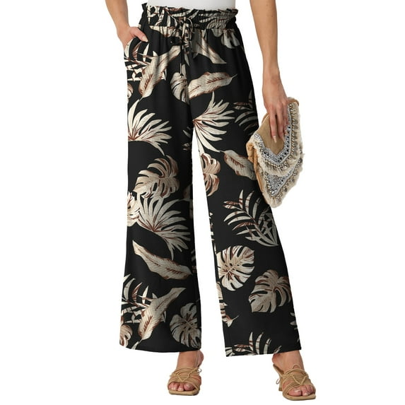 GIRUNS Women's Wide Leg Pants High Waist Adjustable Knot Casual Loose Trousers With Pockets Business Work Casual Pants Black Palm Leaf XL