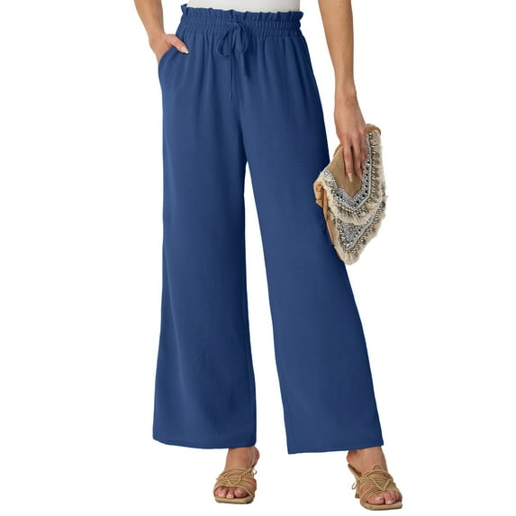 GIRUNS Women's Wide Leg Pants High Waist Adjustable Knot Casual Loose Trousers With Pockets Business Work Casual Pants Dark Blue S
