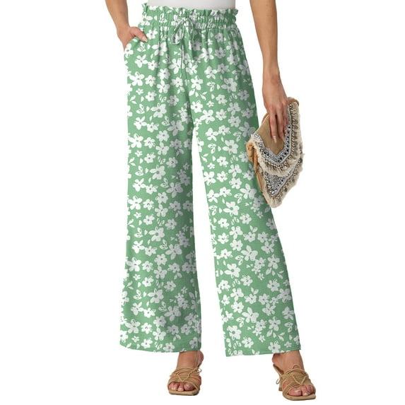GIRUNS Women's Wide Leg Pants High Waist Adjustable Knot Casual Loose Trousers With Pockets Business Work Casual Pants Green White Flower L