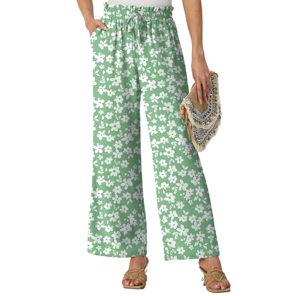 GIRUNS Women's Wide Leg Pants High Waist Adjustable Knot Casual Loose Trousers With Pockets Business Work Casual Pants Green White Flower L