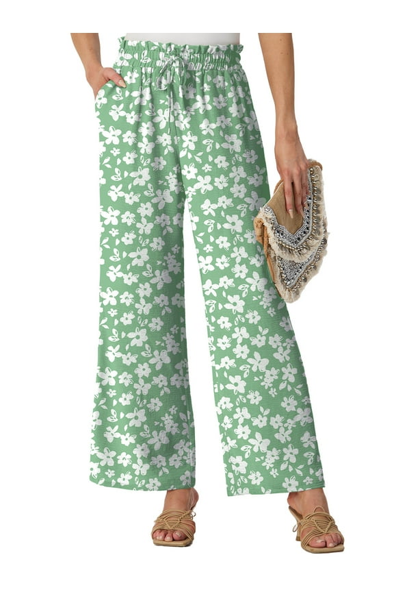 Women's Wide Leg Pants High Waist Adjustable Knot Casual Loose Trousers With Pockets Business Work Casual Pants Green White Flower L