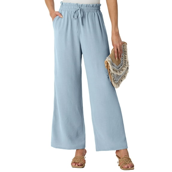 GIRUNS Women's Wide Leg Pants High Waist Adjustable Knot Casual Loose Trousers With Pockets Business Work Casual Pants Haze blue 2XL