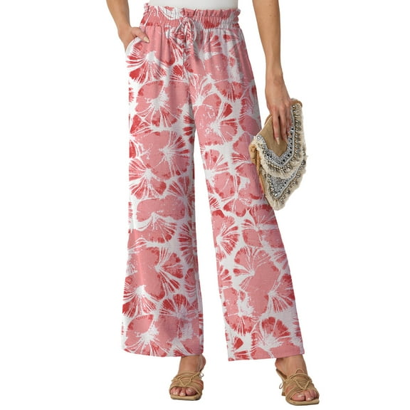 GIRUNS Women's Wide Leg Pants High Waist Adjustable Knot Casual Loose Trousers With Pockets Business Work Casual Pants Pink Fan Flower 2XL