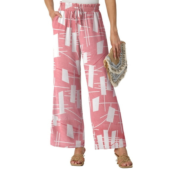 GIRUNS Women's Wide Leg Pants High Waist Adjustable Knot Casual Loose Trousers With Pockets Business Work Casual Pants Pink White Square S