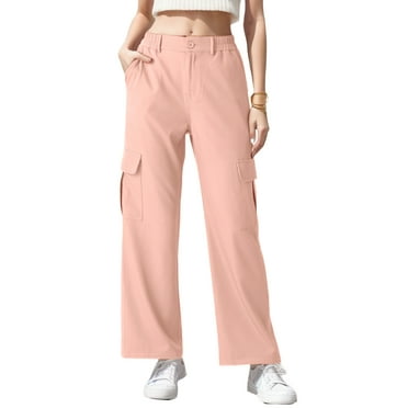 GIRUNS Womens Cargo Pants High Waist Trousers Pink M With Pockets Wide Leg Pants Loose Stretchy Casual Comfy Relaxed Fit Streetwear Long Straight Pants For Women