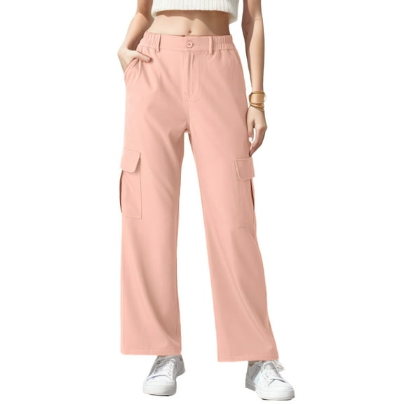 GIRUNS Womens Cargo Pants High Waist Trousers Pink M With Pockets Wide Leg Pants Loose Stretchy Casual Comfy Relaxed Fit Streetwear Long Straight Pants For Women