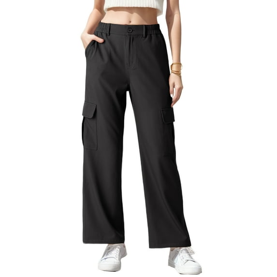 GIRUNS Womens High Waisted Cargo Pants Black S Casual Wide Leg Pants With 4 Pockets High Waisted Casual Loose Stretchy Streetwear Pants For Women