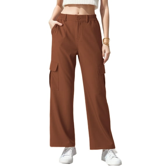 GIRUNS Womens High Waisted Cargo Pants Dark Brown S Casual Wide Leg Pants With 4 Pockets High Waisted Casual Loose Stretchy Streetwear Pants For Women