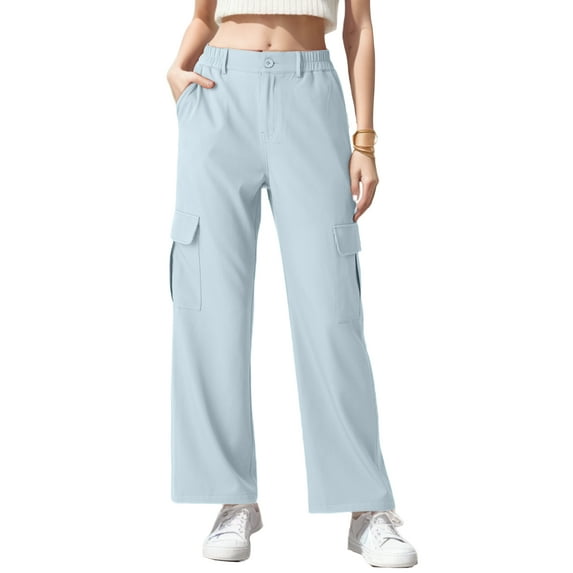 GIRUNS Womens High Waisted Cargo Pants Denim Blue S Casual Wide Leg Pants With 4 Pockets High Waisted Casual Loose Stretchy Streetwear Pants For Women