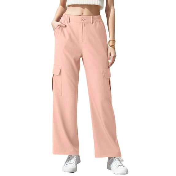 GIRUNS Womens Wide Leg Pants Cargo Pants High Waisted Pink L Bussiness Work Trousers Stretchy Long Straight Pants With 4 Pockets Pants For Women