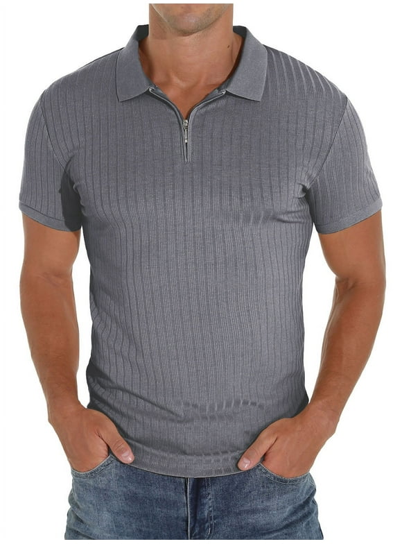 GIRUNS Zipper Polo Shirts for Men Short Sleeve Slim Fit Shirts Casual Stretch Ribbed Knit Zip Shirt