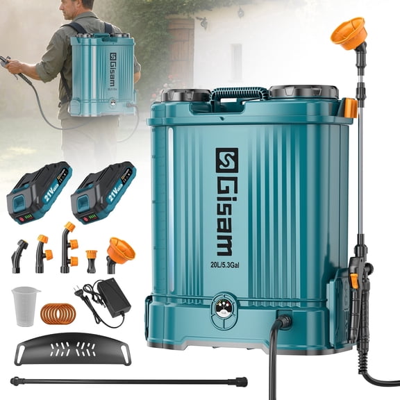 Backpack Sprayer 5.3Gal , Gisam 120PSI Electric Pressure Sprayer,with 2 x 2.0A Batteries, Telescopic Wand & Corrosion-Resistant Wand, 5 Nozzles