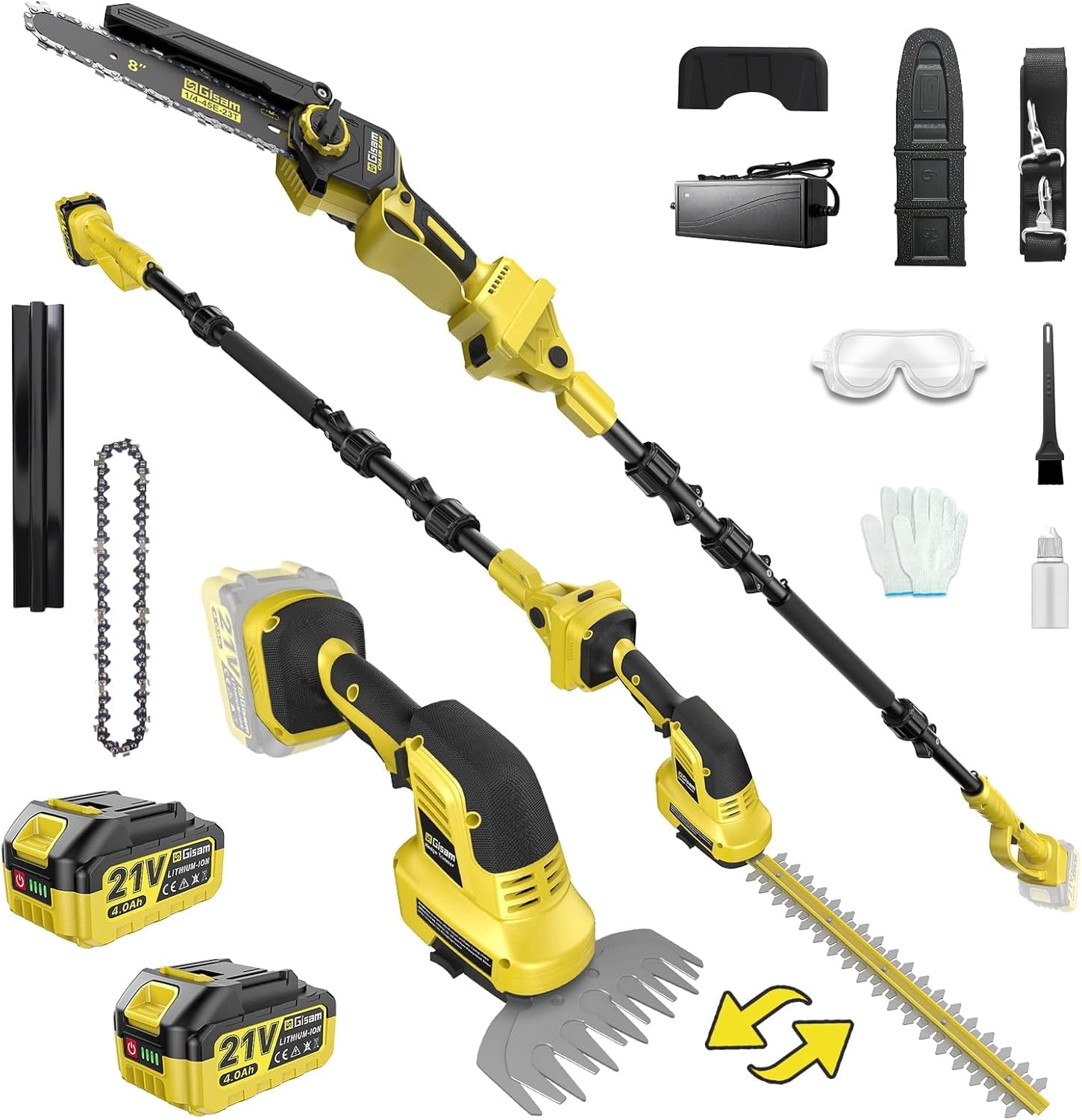 Gisam 6-in-1 Mini Chainsaw & Hedge Trimmer, 8 inch Electric Chainsaw, 2×4.0Ah Batteries, Brushless Motor 2500W, 0-180° Adjustable,  4.5m Hedge Cutting