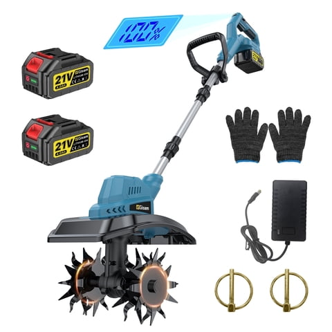 Gisam Cordless Tiller Cultivator, Electric Rototiller with 2x4.0Ah Battery and Charger, 9-inch Width 8.3-Inch Depth, Adjustable Foldable Handle, LED Power Display for Garden Soil Cultivation