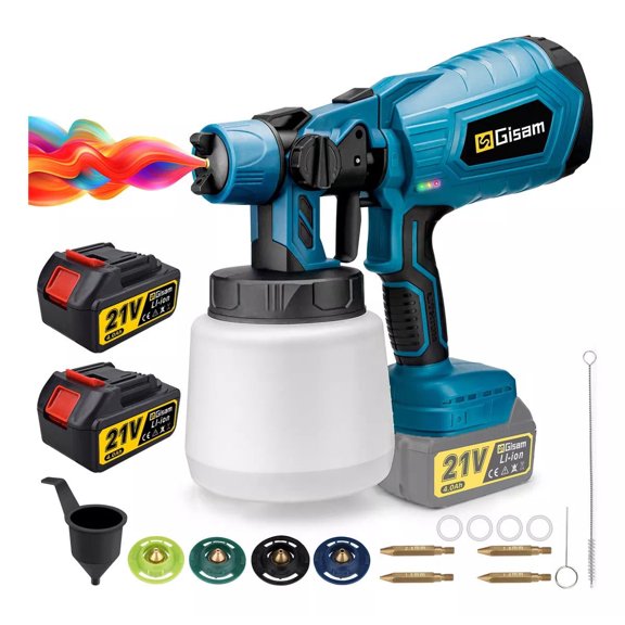 GISAM Cordless HVLP Paint Sprayer 21V MAX, Electric Spray Paint Gun with Adjustable 4 Nozzles & 3 Patterns,1000ML Container & 2PCS 4000mAh Batteries for House Furniture Fence Door Painting