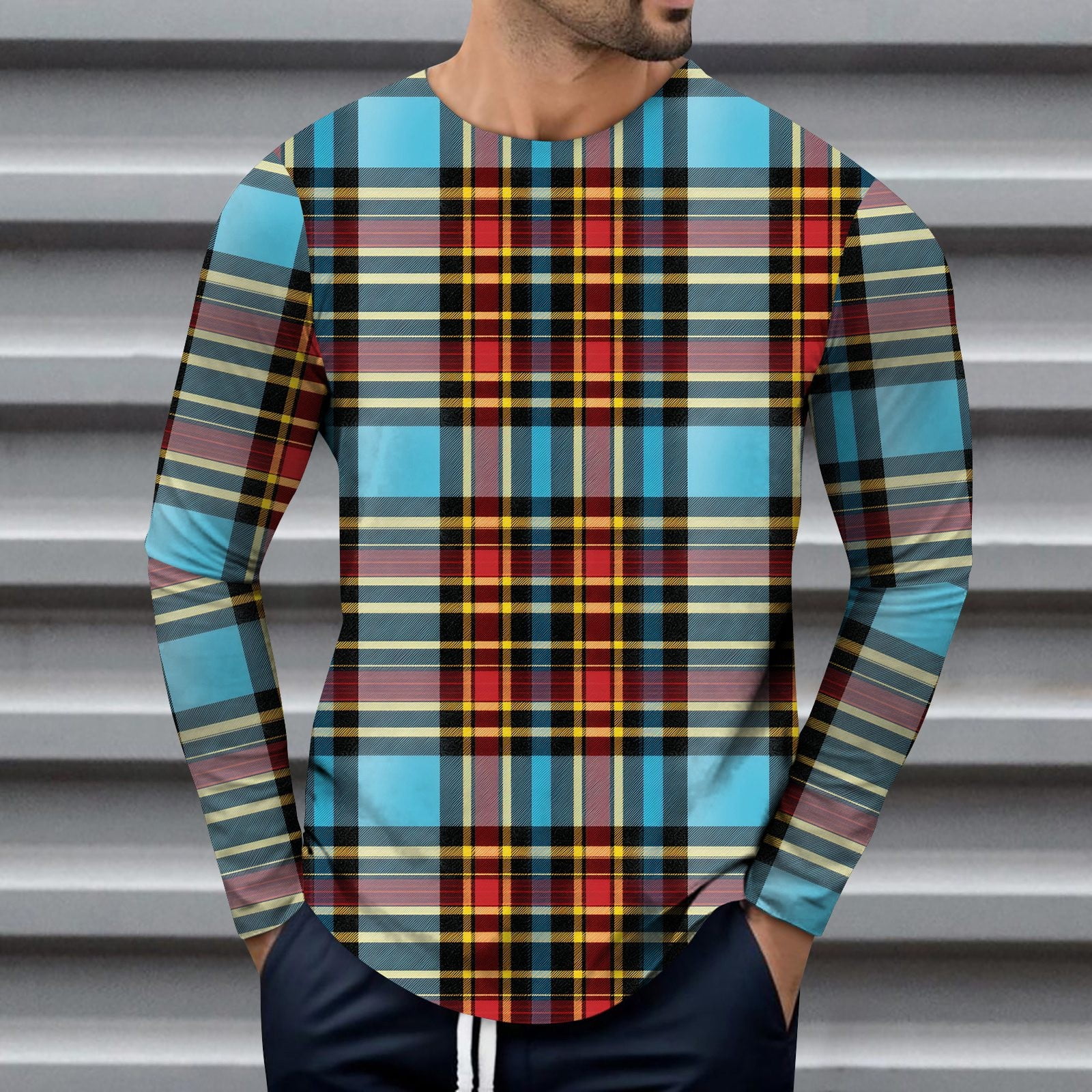 GITpoo Mens Shirts Graphic Tshirts Clearance Plaid Stripe Print Spring