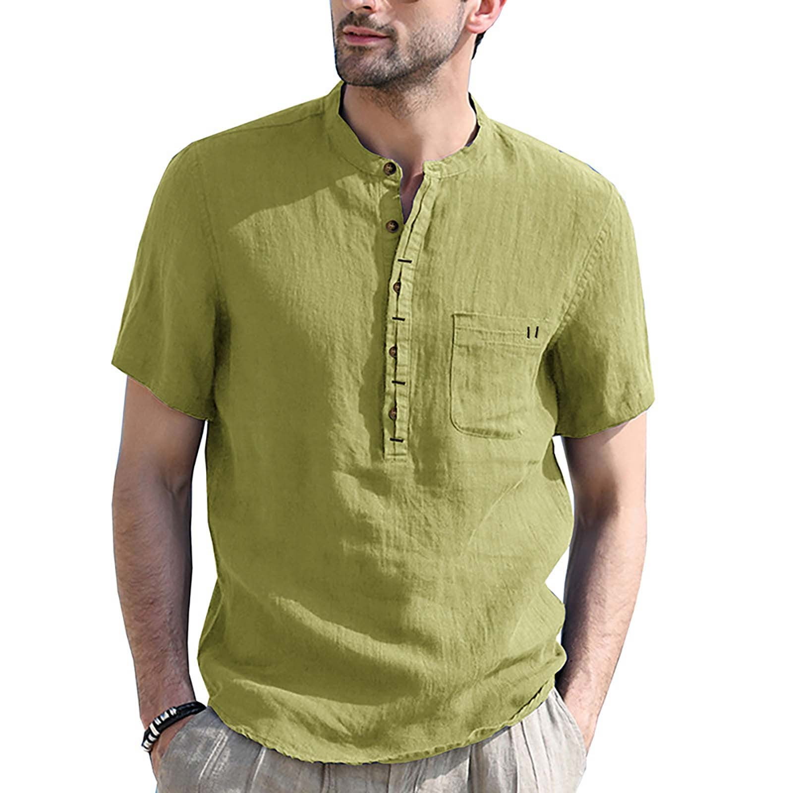 GITpoo Mens Short Sleeve Henley Shirts Men's Oversized Linen Lapel Tied