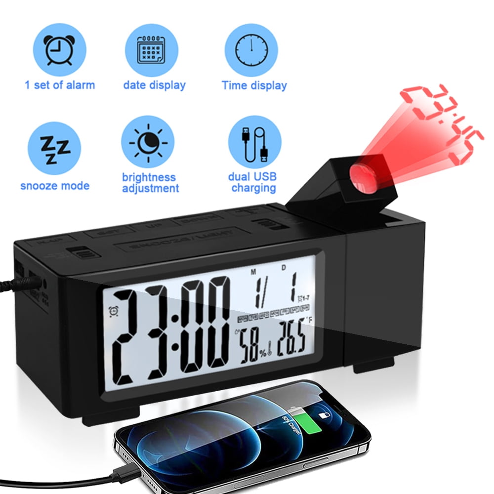 GIUGT 180° Projection Alarm Clock, 6.5"" Digital Alarm Clock with Indoor Humidity, Temperature