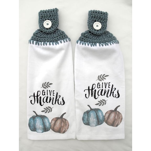 GIVE THANKS PUMPKINS - 2 HANDMADE CROCHET TOP HANGING KITCHEN TOWELS