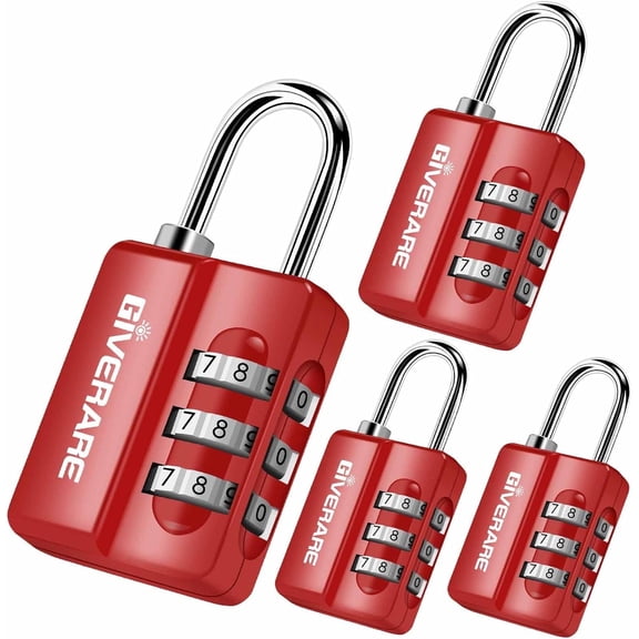 GIVERARE 4 Pack Combination Lock, 3-Digit Padlock Keyless, Resettable Luggage Locks for Backpack, Gym & School & Employee Locker, Weatherproof Travel Lock for Fence, Backyard Gate, Hasp, Case-Red