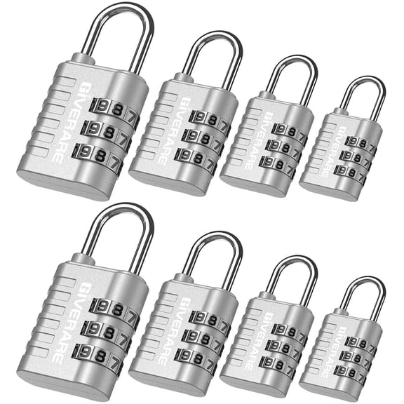 GIVERARE 8 Pack Combination Lock, 3-Digit Padlock Keyless, Resettable Luggage Locks for Backpack, Gym & School & Employee Locker, Weatherproof Travel Lock for Fence, Backyard Gate, Hasp, Case-Silver