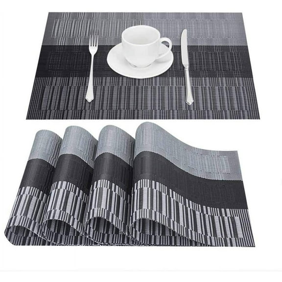 GIVERARE Placemats Set of 4, Heat-Resistant Woven Vinyl Placemat, Non-Slip Washable PVC Table Mat, Easy to Clean Premium Plastic Mats for Dining, Kitchen Table (Black+Gray)