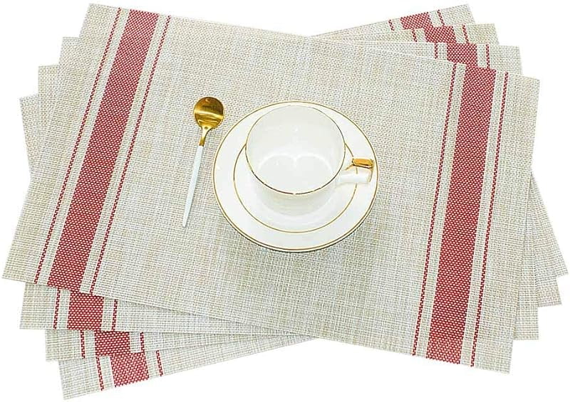 Set of 6 Red and Beige Woven Vinyl Placemats