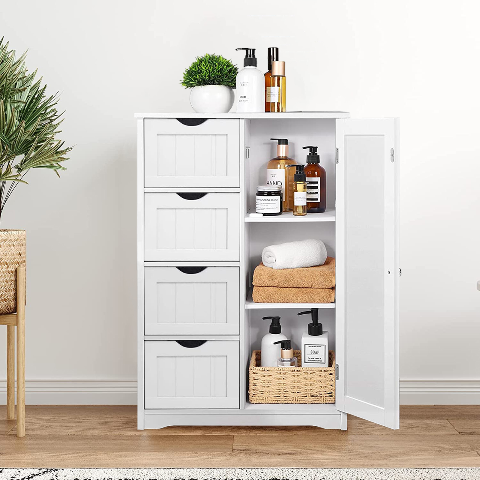 Alden Design Wooden Bathroom Storage Cabinet with 4 Drawers & Cupboard ...