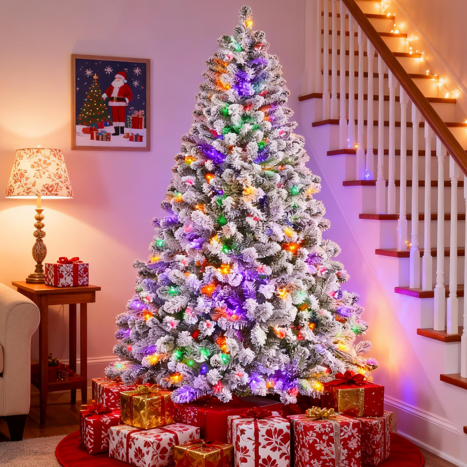 Vebreda 6ft Pre-Lit Snow Flocked Christmas Tree with Color-Changing RGB Lights, Full 821 Branch Tips, Artificial Holiday Decor for Home