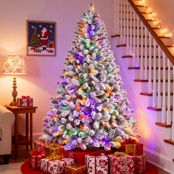 Vebreda 6ft Pre-Lit Snow Flocked Christmas Tree with Color-Changing RGB Lights, Full 821 Branch Tips, Artificial Holiday Decor for Home