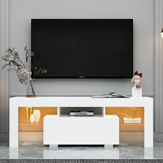 GIVIMO Modern TV Stand Entertainment Cabinet with 1 Drawer,Wood Finish LED RGB Lights,White
