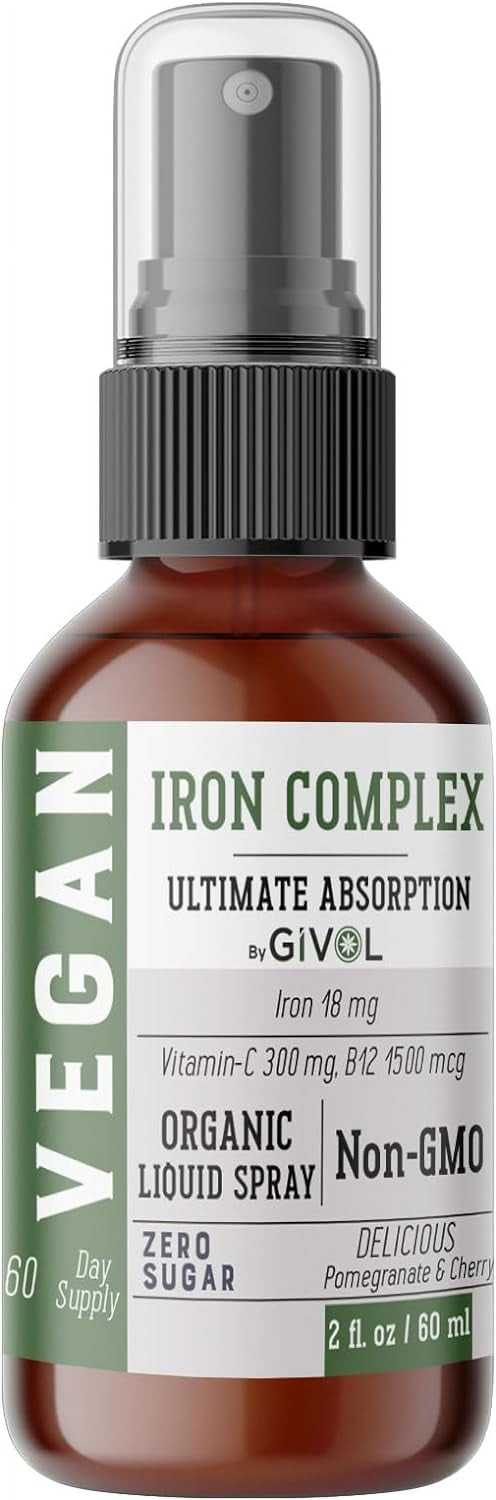 GIVOL Iron Bisglycinate Complex + Vitamin C + B12 for Women, Men & Kids Sugar-free| Vegan Liquid Spray | Energy & Immunity Booster | Non-GMO&nbsp;|&nbsp;2&nbsp;Fl&nbsp;Oz
