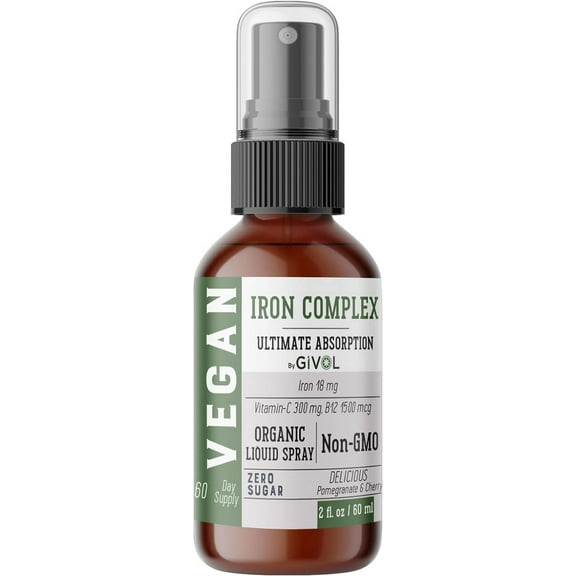 GIVOL Iron Bisglycinate Complex + Vitamin C + B12 for Women, Men & Kids Sugar-free| Vegan Liquid Spray | Energy & Immunity Booster | Non-GMO|2FlOz