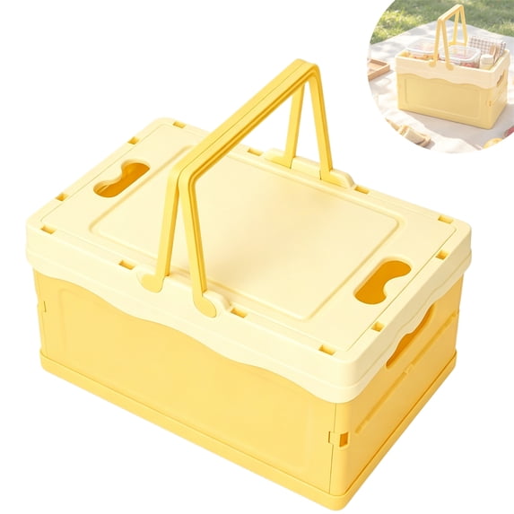 GIXUSIL 1 Pack Foldable Storage Box Pastel Yellow Plastic Crates Multipurpose Collapsible Bins with lids Cute Organization Basket for Home Office Kitchen Picnic Camping 9.8×6.7 in