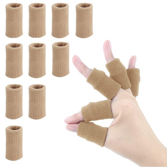 GIXUSIL 10 Pieces Finger Sleeves , Thumb Splint Brace Support Protector Breathable Elastic Finger Tape for Pain Relief Arthritis Trigger Finger Sports Basketball Baseball (Beige)