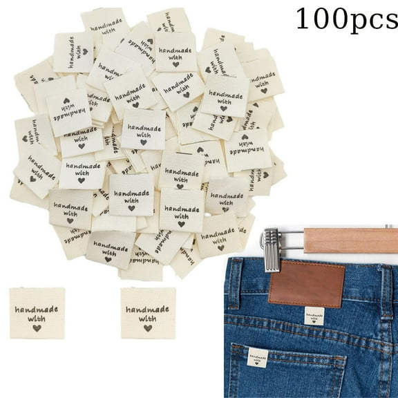 GIXUSIL 100 Pcs Sewing Labels Handmade Items, Handmade with Love Labels, Personalized Clothing Labels, Knitting Crocheting Sewing Fabric Labels for Clothing DIY Crafts (0.8x0.8in)