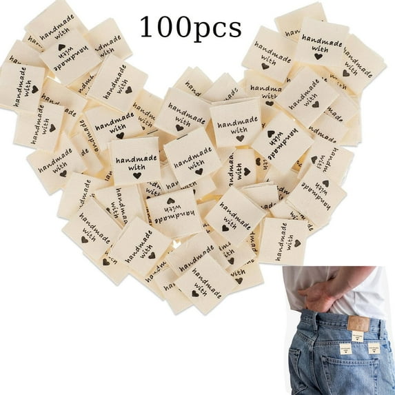 GIXUSIL 100 Pieces Handmade Fabric Tags, Clothes Labels, Handmade Fabric Labels, Embroidered Fabric Labels Tags, Handmade Sewing Labels for DIY Decor (Off White)