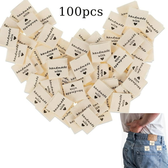 GIXUSIL 100 Pieces Handmade Fabric Tags, Clothes Labels, Handmade Fabric Labels, Embroidered Fabric Labels Tags, Handmade Sewing Labels for DIY Decor (Off White)