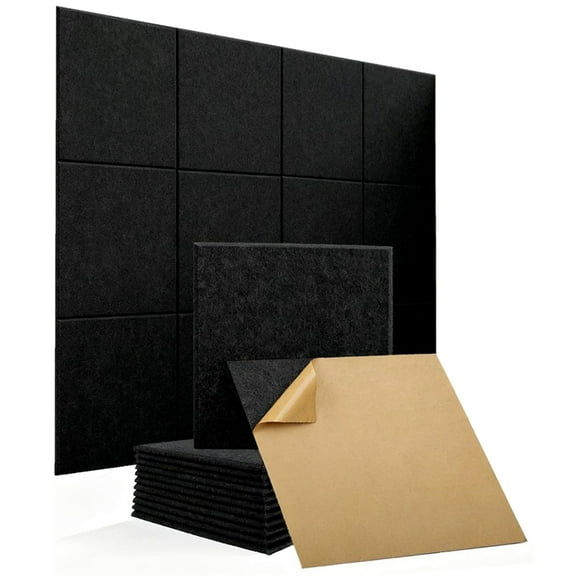 GIXUSIL 12-Pack Acoustic Panels Sound Proof Padding, Self-Adhesive Polyester Fiber Wall Tiles for Home Studio, Office, Home Theater, Bedroom, Black48x36in