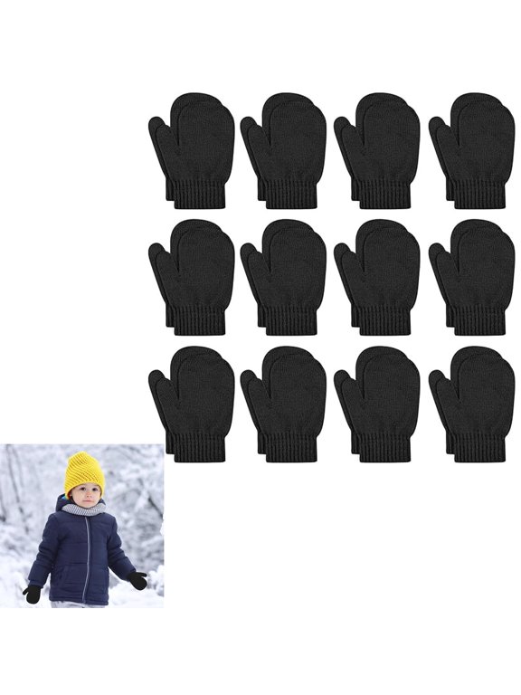 GIXUSIL 12 Pairs 5 inches Black Bulk Knit Gloves, Durable Winter Mittens, Warm Gloves, Thicken Full Finger Gloves, Stretchy Unisex Gloves, Stretch Mittens for Boys and Girls
