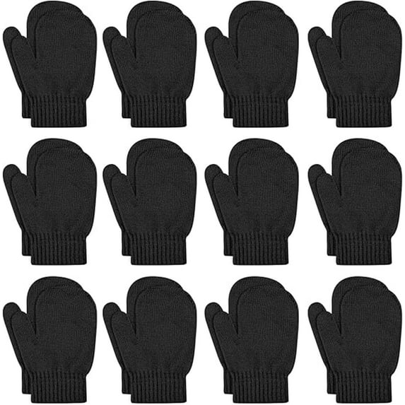 GIXUSIL 12 Pairs 5 inches Thicken Knitted Mittens, Knit Warm Mittens, Stretchy Unisex Gloves, Thicken Mittens, Winter Gloves, Durable Solid Winter Gloves for Girls Boys (Black)