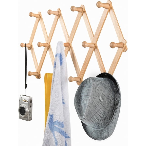 GIXUSIL 13-Hook Expandable Wooden Hanger Holder Hang Hats Jackets Coffee Mug Purses Necklaces Towels Cap Leash Scarves Data Line KitchenwareWood Color
