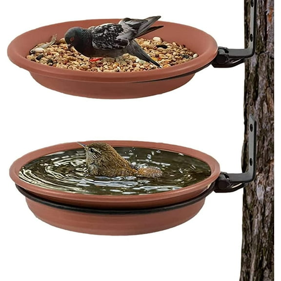 GIXUSIL 2 Bird Feeders Tree Mounted with Heavy Duty Sturdy Steel, 8.3 inch in Diameter1.4 inch Deep Dark Brown Bird Bath Tray ,Installed on Wooden Fences, Trees, Deck,Indoor and Outdoor Walls