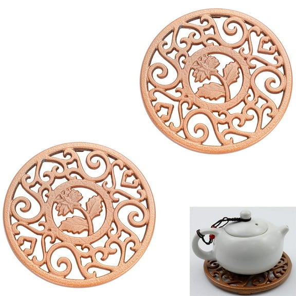 GIXUSIL 2 Pack Cast Iron Trivet, Round Metal Trivet with Vintage Patterns Rustproof Hot Pot Holder Pads for Serving Hot Dishes, Pans, Pots, Tea Pots, for Kitchen Counter Top, Gold