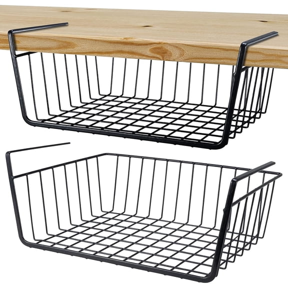 GIXUSIL 2-Pack Large Under Cabinet Shelf Basket Organizer, Iron Metal Wire Rack Hanging Storage Baskets Holds up to 22lbs for Kitchen Pantry or Refrigerator, Black