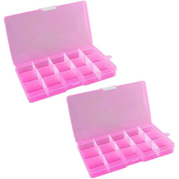 GIXUSIL 2 Pcs Bead Storage Box, 15 Grids Plastic Jewellery Organisers Small Containers with Adjustable Dividers Cosmetics Compartment Craft Case (7 x 4 x 8in, Pink)