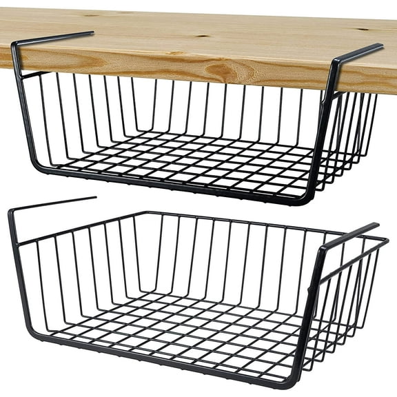 GIXUSIL 2 Pcs Under Shelf Basket, Black Slides Under Cabinet Storage Shelf Wire Baskets,Space Saving for Kitchen Counter Pantry Desk Bookshelf Cupboard