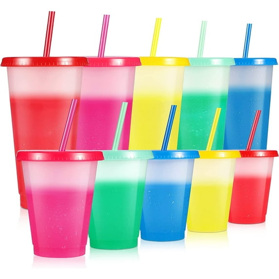 GIXUSIL (2 Sizes x 10 Packs) Reusable Plastic Cups with Lids and Straws, 24 oz & 16 oz Color Changing Cups, Plastic Tumblers with Lid and Straw,Iced Coffee Cup for Kids & Adults,Christmas Decorations