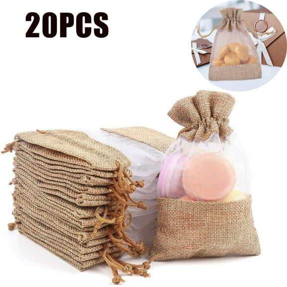 GIXUSIL 20 Pack Linen Burlap Sheer Bag, Organza Burlap Bags, Cosmetic Samples Mesh Pouch, Gift Bags with Drawstring for Wedding, , DIY Craft, Party Favors Supply (4 x 6 inch)