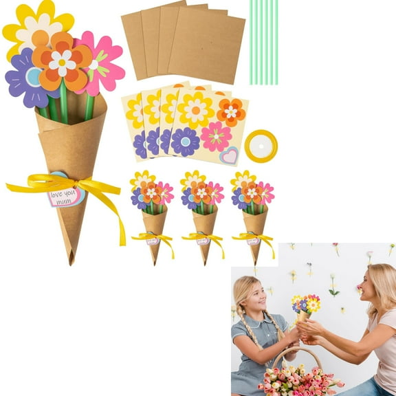 GIXUSIL 24Pcs Flower Bouquet Craft Kit DIY Flower Paper Crafts Mother's Day Thankful Gift Make Your Own Flower Bouquet Greeting Cards for Mother's Day Birthday DIY Gift School Classroom Home Fun